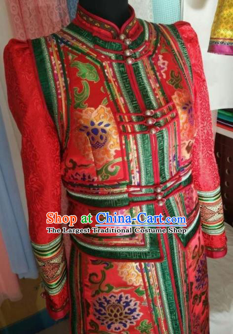 Traditional Chinese Mongol Nationality Wedding Red Dress Mongolian Ethnic Dance Stage Show Costume for Women