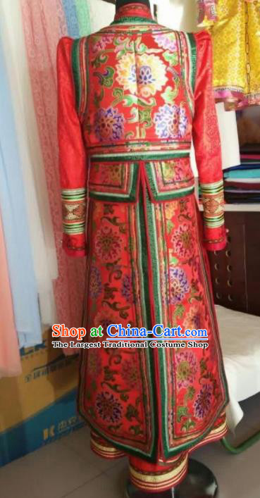 Traditional Chinese Mongol Nationality Wedding Red Dress Mongolian Ethnic Dance Stage Show Costume for Women