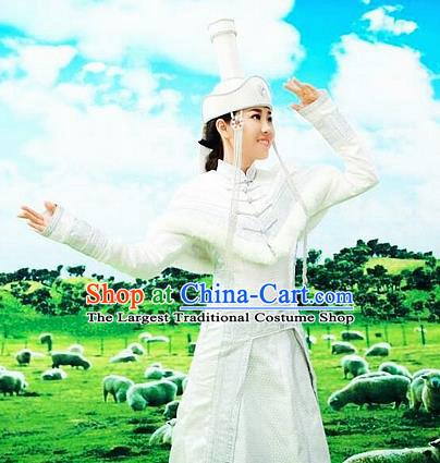 Traditional Chinese Mongol Nationality Wedding White Dress Mongolian Ethnic Dance Costume and Hat for Women