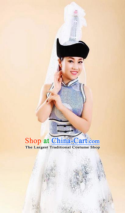 Traditional Chinese Mongol Nationality White Dress Mongolian Ethnic Dance Costume and Hat for Women