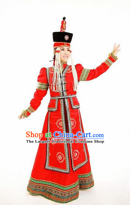 Traditional Chinese Mongol Nationality Red Dress Mongolian Ethnic Dance Costume and Hat for Women