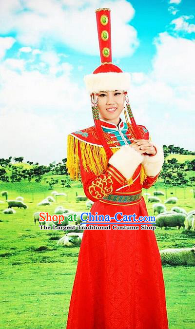Traditional Chinese Mongol Nationality Red Dress and Hat Mongolian Ethnic Dance Costume for Women