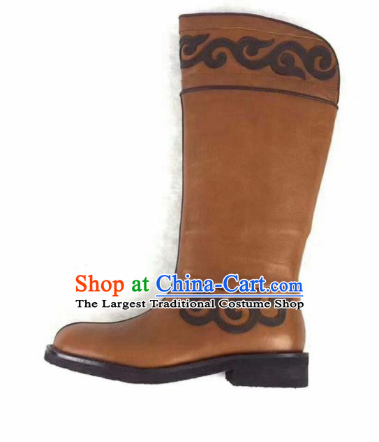 Chinese Traditional Mongol Nationality Khaki Leather Boots Mongolian Ethnic Riding Boots for Men