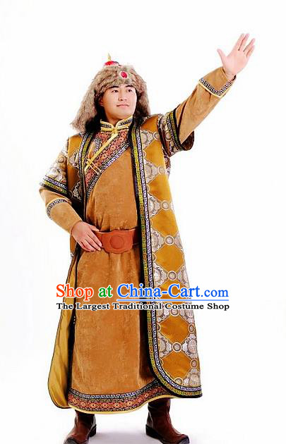 Chinese Traditional Mongol Nationality Khaki Costumes Mongolian Ethnic Prince Robe for Men