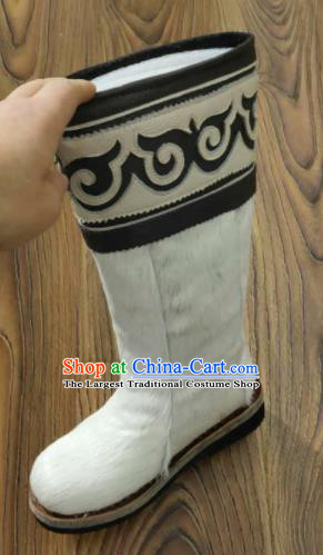 Chinese Traditional Mongol Nationality White Fur Boots Mongolian Ethnic Leather Riding Boots for Men