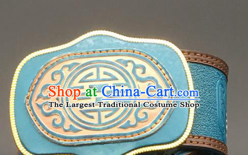 Traditional Chinese Mongol Nationality Blue Leather Belt Mongolian Ethnic Waistband for Men
