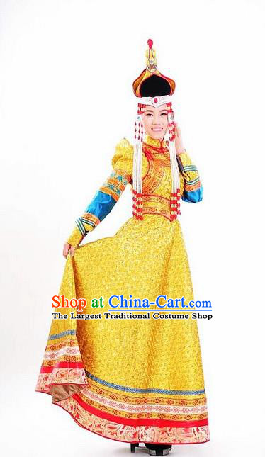 Traditional Chinese Mongol Nationality Wedding Yellow Dress and Hat Mongolian Ethnic Dance Costume for Women