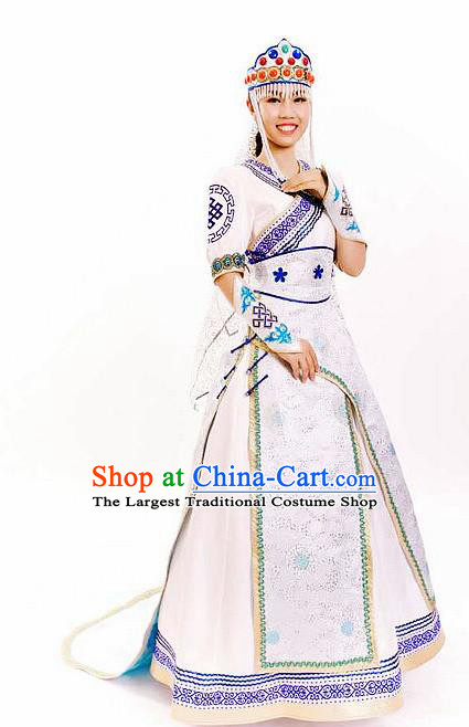Traditional Chinese Mongol Nationality Wedding White Dress Mongolian Ethnic Dance Costume for Women