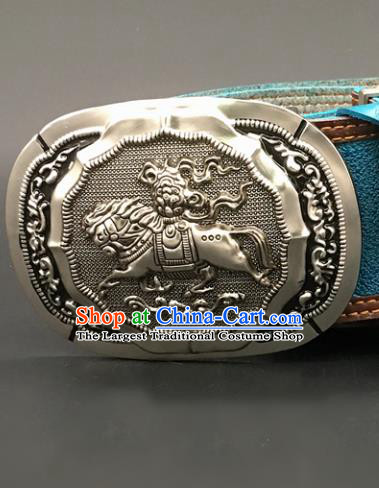 Traditional Chinese Mongol Nationality Blue Leather Belt Mongolian Ethnic Cupronickel Waistband for Men