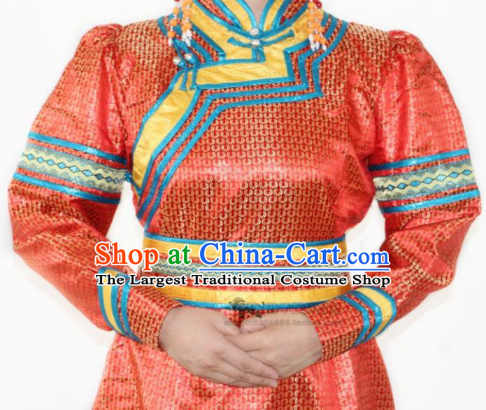 Traditional Chinese Mongol Nationality Dance Red Dress Mongolian Ethnic Stage Show Costume for Women