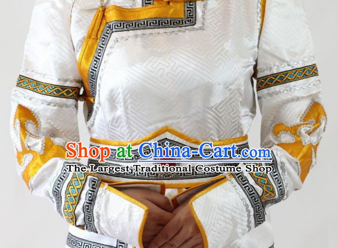 Traditional Chinese Mongol Nationality Dance White Dress Mongolian Ethnic Wedding Stage Show Costume for Women