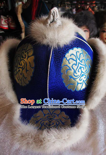 Traditional Chinese Mongol Nationality Winter Headwear Mongolian Ethnic Royalblue Marten Hat for Women