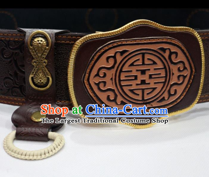 Traditional Chinese Mongol Nationality Male Brown Leather Belts Mongolian Ethnic Waistband for Men