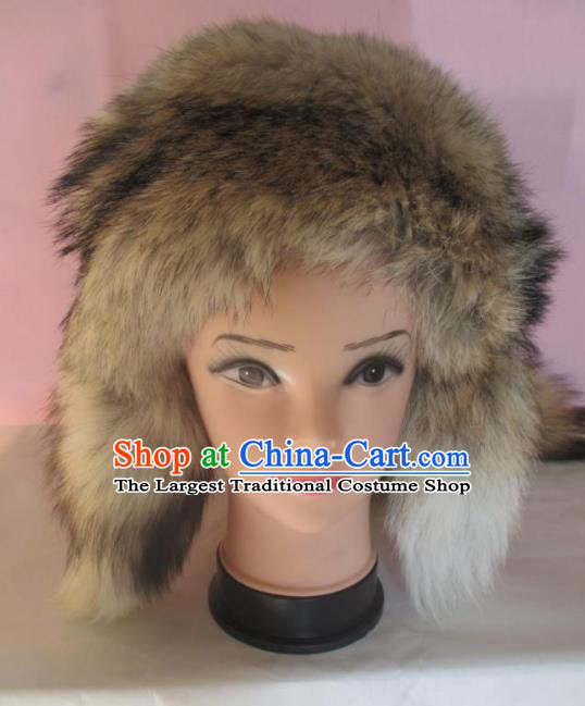 Traditional Chinese Mongol Nationality Winter Marten Headwear Mongolian Ethnic Blue Hat for Women