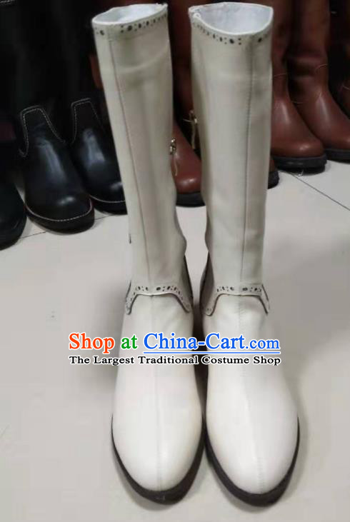 Chinese Traditional Mongol Nationality White Leather Boots Mongolian Ethnic Riding Boots for Women