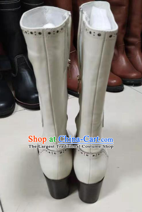Chinese Traditional Mongol Nationality White Leather Boots Mongolian Ethnic Riding Boots for Women