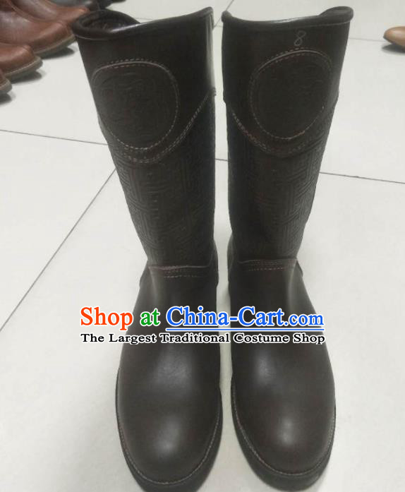 Chinese Traditional Mongol Nationality Deep Brown Boots Mongolian Ethnic Leather Riding Boots for Men