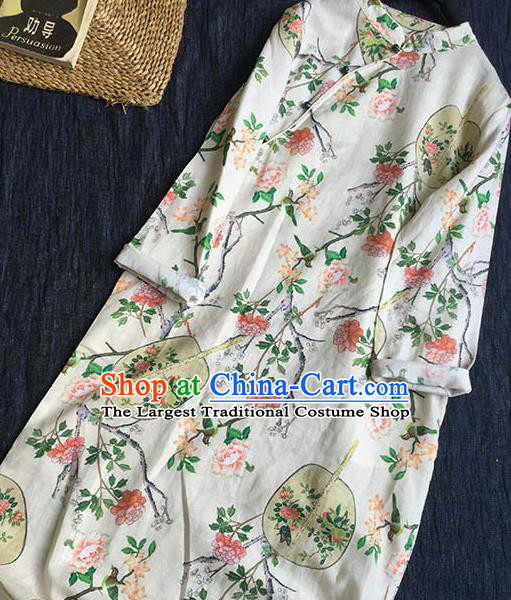 Chinese Traditional Tang Suit Printing Fan White Flax Cheongsam National Costume Qipao Dress for Women