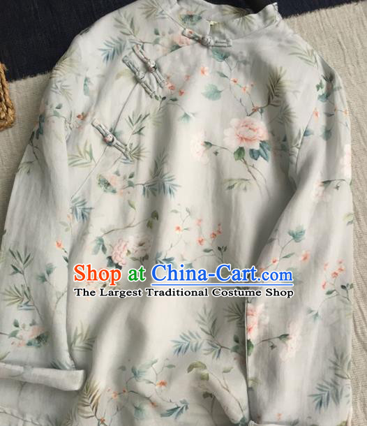 Chinese Traditional Tang Suit Printing Peony White Ramie Blouse National Upper Outer Garment Costume for Women