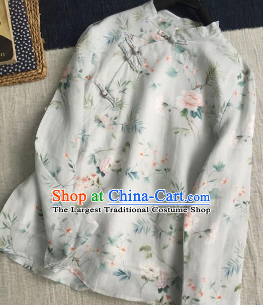 Chinese Traditional Tang Suit Printing Peony White Ramie Blouse National Upper Outer Garment Costume for Women