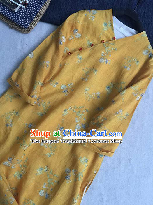 Chinese Traditional Tang Suit Printing Leaf Yellow Ramie Cheongsam National Costume Qipao Dress for Women