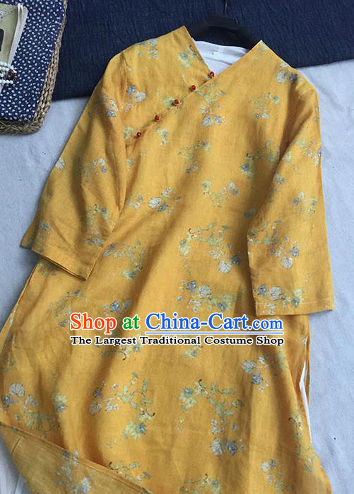Chinese Traditional Tang Suit Printing Leaf Yellow Ramie Cheongsam National Costume Qipao Dress for Women