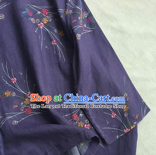 Chinese Traditional Tang Suit Printing Purple Ramie Blouse National Upper Outer Garment Costume for Women