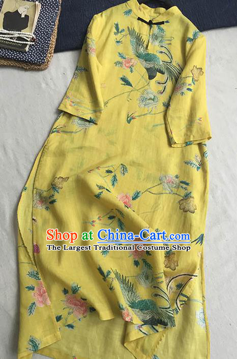 Chinese Traditional Tang Suit Printing Phoenix Peony Yellow Ramie Cheongsam National Costume Qipao Dress for Women