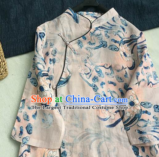 Chinese Traditional Tang Suit Printing Orchid Pink Ramie Cheongsam National Costume Qipao Dress for Women