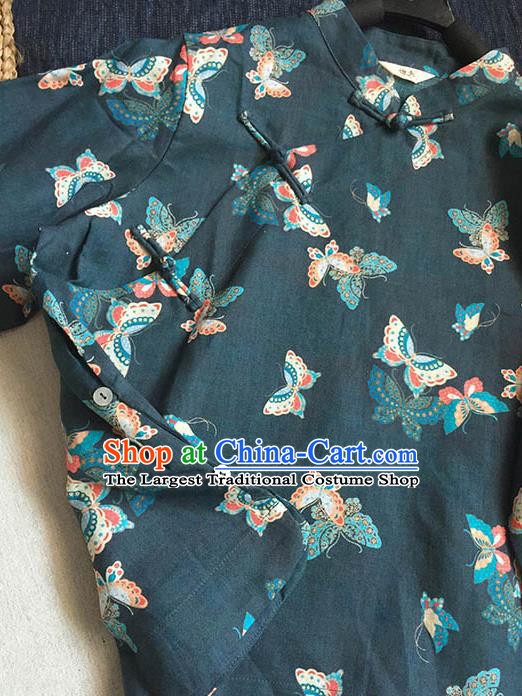 Chinese Traditional Tang Suit Printing Butterfly Atrovirens Ramie Blouse National Upper Outer Garment Costume for Women