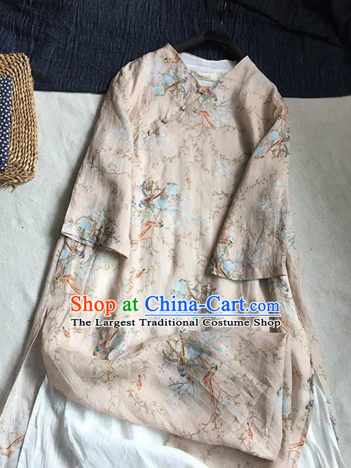 Chinese Traditional Tang Suit Printing Flower Birds Beige Ramie Cheongsam National Costume Qipao Dress for Women