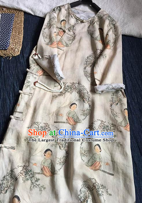 Chinese Traditional Tang Suit Printing Beauty Apricot Ramie Cheongsam National Costume Qipao Dress for Women