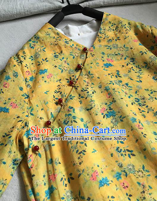 Chinese Traditional Tang Suit Printing Flowers Yellow Ramie Cheongsam National Costume Qipao Dress for Women