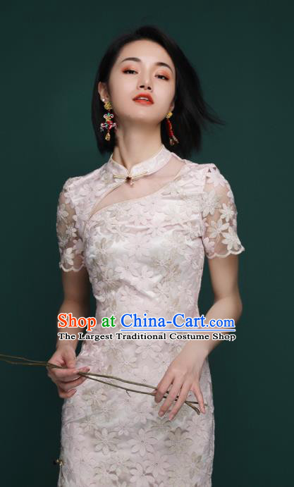 Chinese Traditional Tang Suit Pink Veil Cheongsam National Costume Qipao Dress for Women