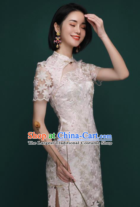 Chinese Traditional Tang Suit Pink Veil Cheongsam National Costume Qipao Dress for Women