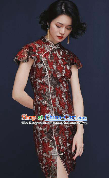 Chinese Traditional Tang Suit Red Maple Leaf Cheongsam National Costume Qipao Dress for Women