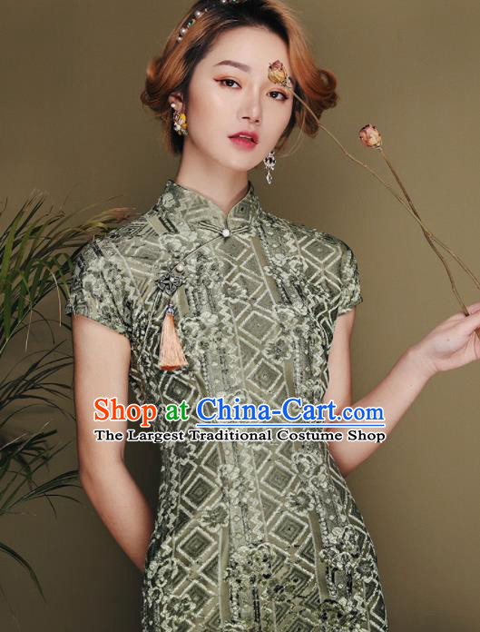 Chinese Traditional Tang Suit Olive Green Pleuche Cheongsam National Costume Qipao Dress for Women