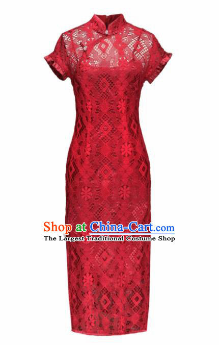 Chinese Traditional Tang Suit Retro Red Lace Cheongsam National Costume Qipao Dress for Women