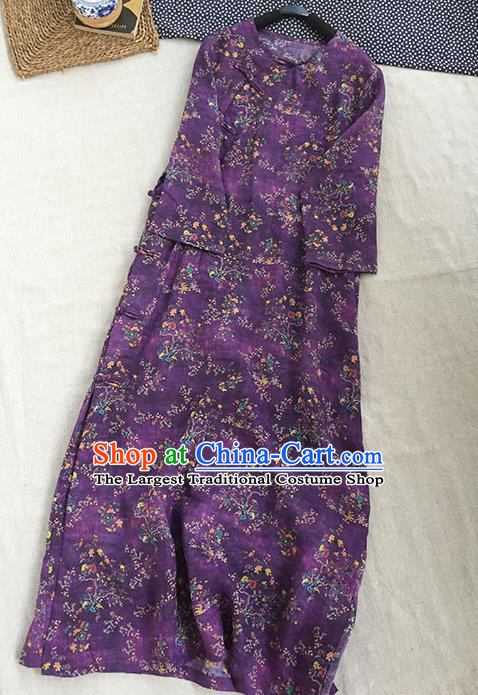 Chinese Traditional Tang Suit Printing Purple Linen Cheongsam National Costume Qipao Dress for Women