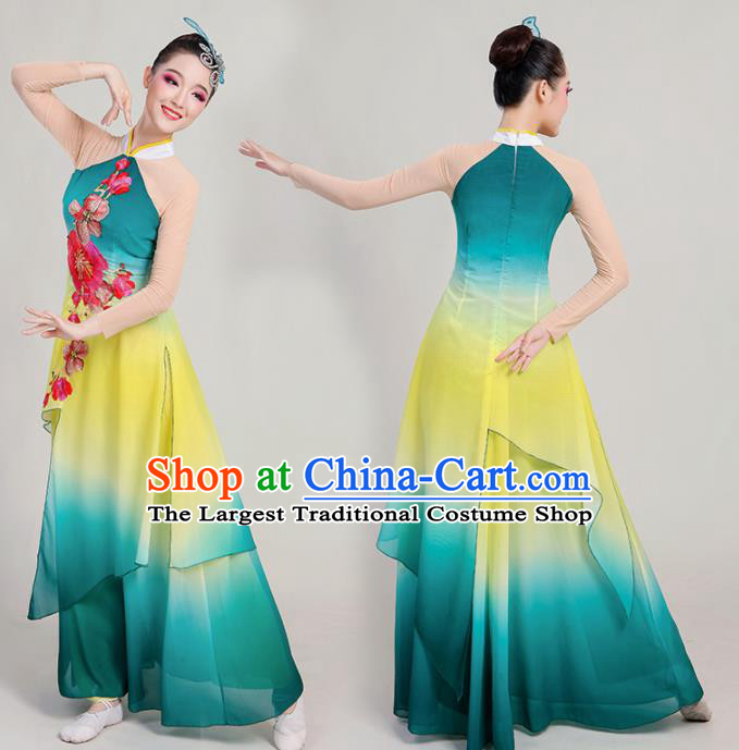 Chinese Traditional Umbrella Dance Stage Show Green Dress Classical Dance Fan Dance Costume for Women