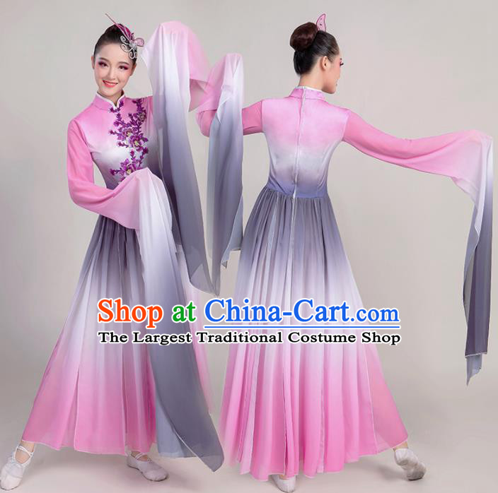 Chinese Traditional Umbrella Dance Pink Water Sleeve Dress Classical Dance Fan Dance Costume for Women