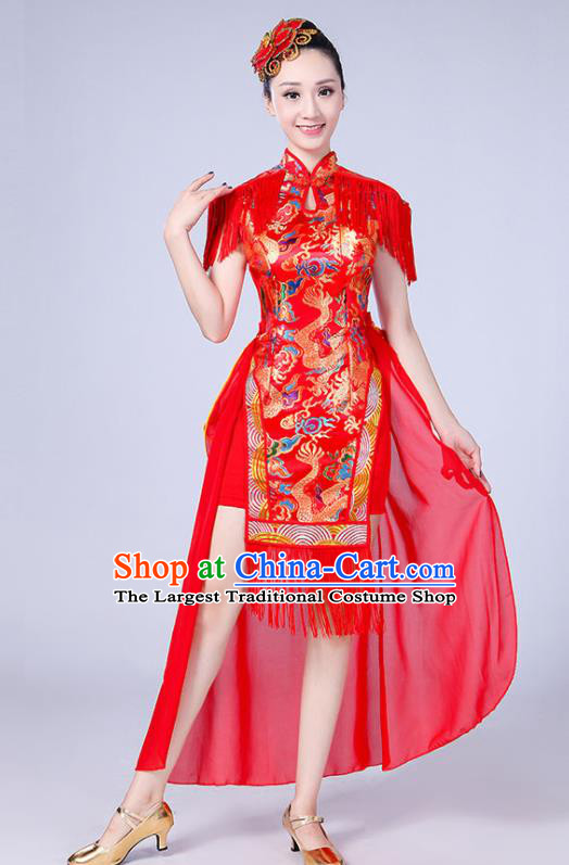 Chinese Traditional Folk Dance Yangko Red Tassel Dress Drum Dance Group Dance Costume for Women