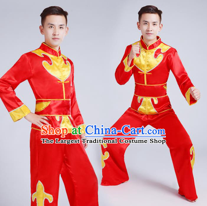 Traditional Chinese Drum Dance Folk Dance Red Outfits Fan Dance Costume for Men