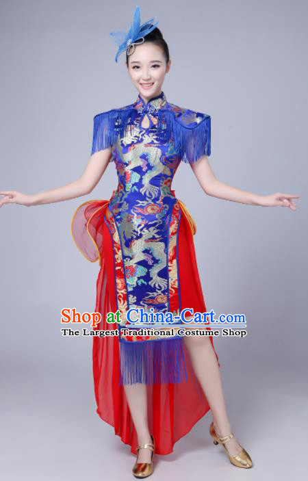 Chinese Traditional Folk Dance Drum Dance Royalblue Dress Yangko Group Dance Costume for Women