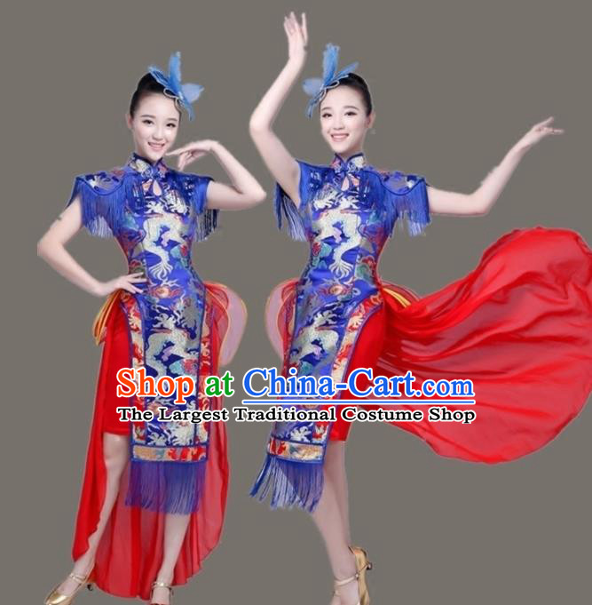 Chinese Traditional Folk Dance Drum Dance Royalblue Dress Yangko Group Dance Costume for Women