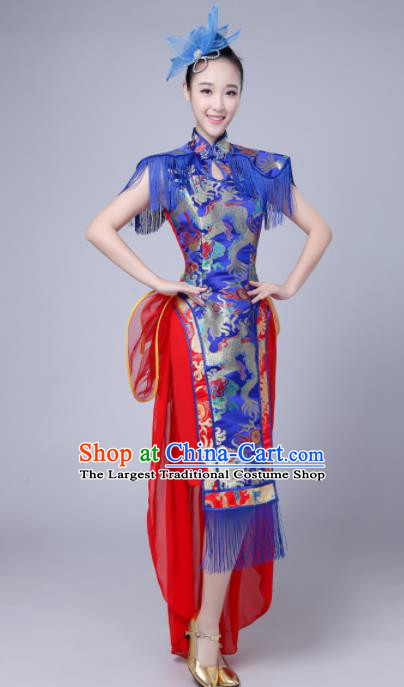 Chinese Traditional Folk Dance Drum Dance Royalblue Dress Yangko Group Dance Costume for Women