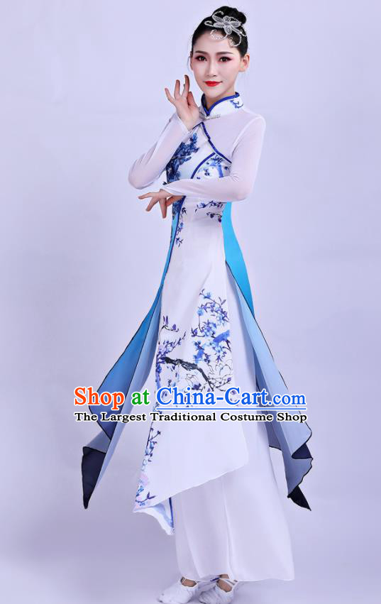Chinese Traditional Umbrella Dance Blue Dress Classical Dance Round Fan Dance Costume for Women