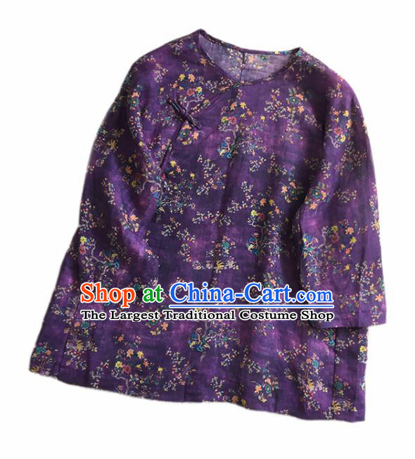 Chinese Traditional Tang Suit Printing Flowers Purple Ramie Blouse National Upper Outer Garment Costume for Women