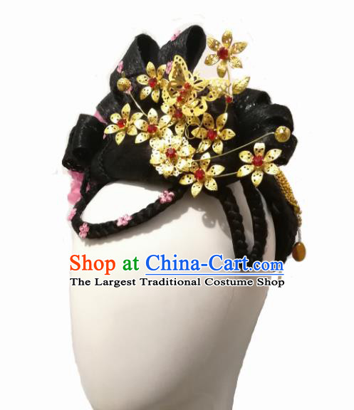 Chinese Traditional Classical Dance Hair Accessories Flying Flower Dance Wig Chignon Headdress for Women