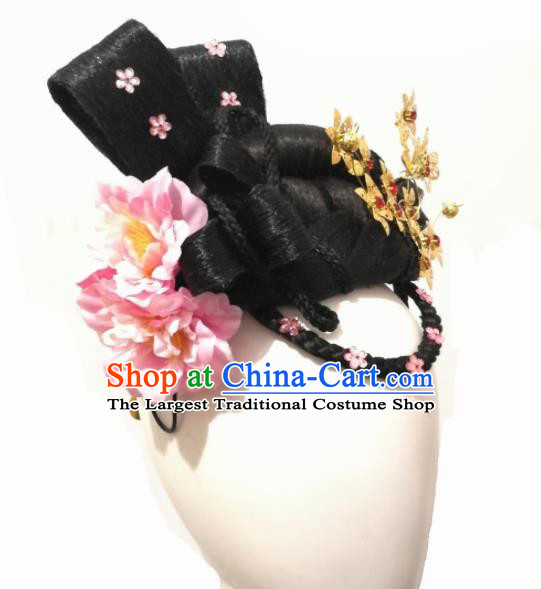 Chinese Traditional Classical Dance Hair Accessories Flying Flower Dance Wig Chignon Headdress for Women